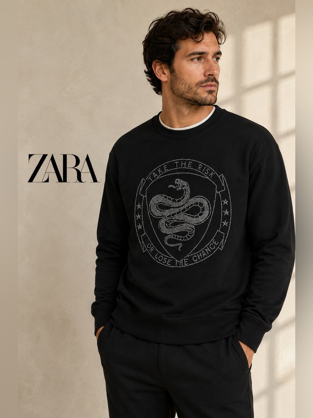 ZARA Black Crewneck Sweatshirt with Embroidered Snake Emblem